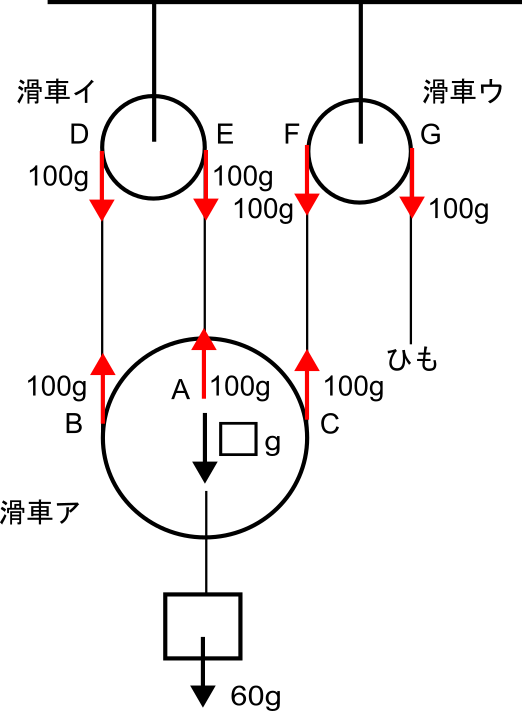 複合滑車の力の矢印：同じ1本のひもの張力は100gでそろえる（例題2）