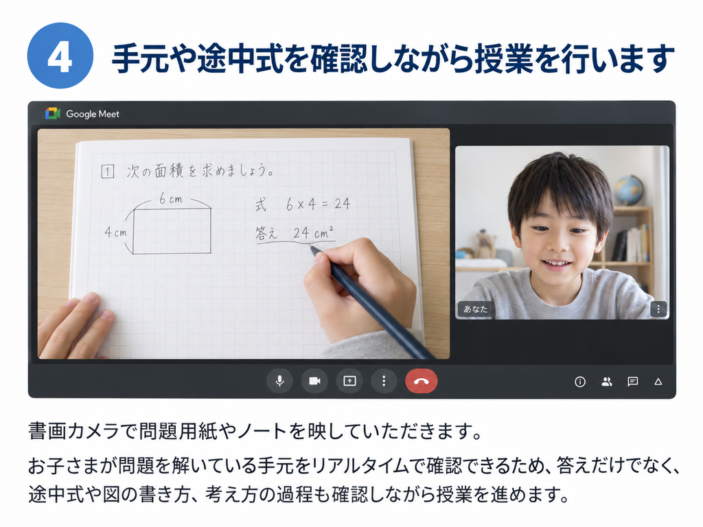 書画カメラで問題用紙と手元を映しながらオンライン授業を受けている様子